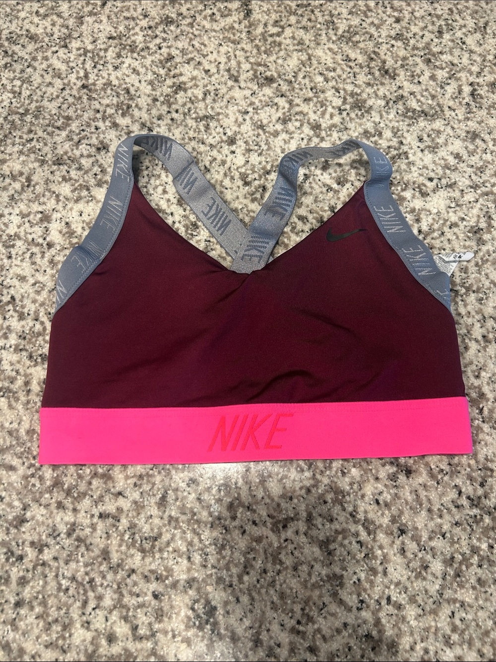 Nike Maroon Sports Bra with Pink Band and Gray Straps